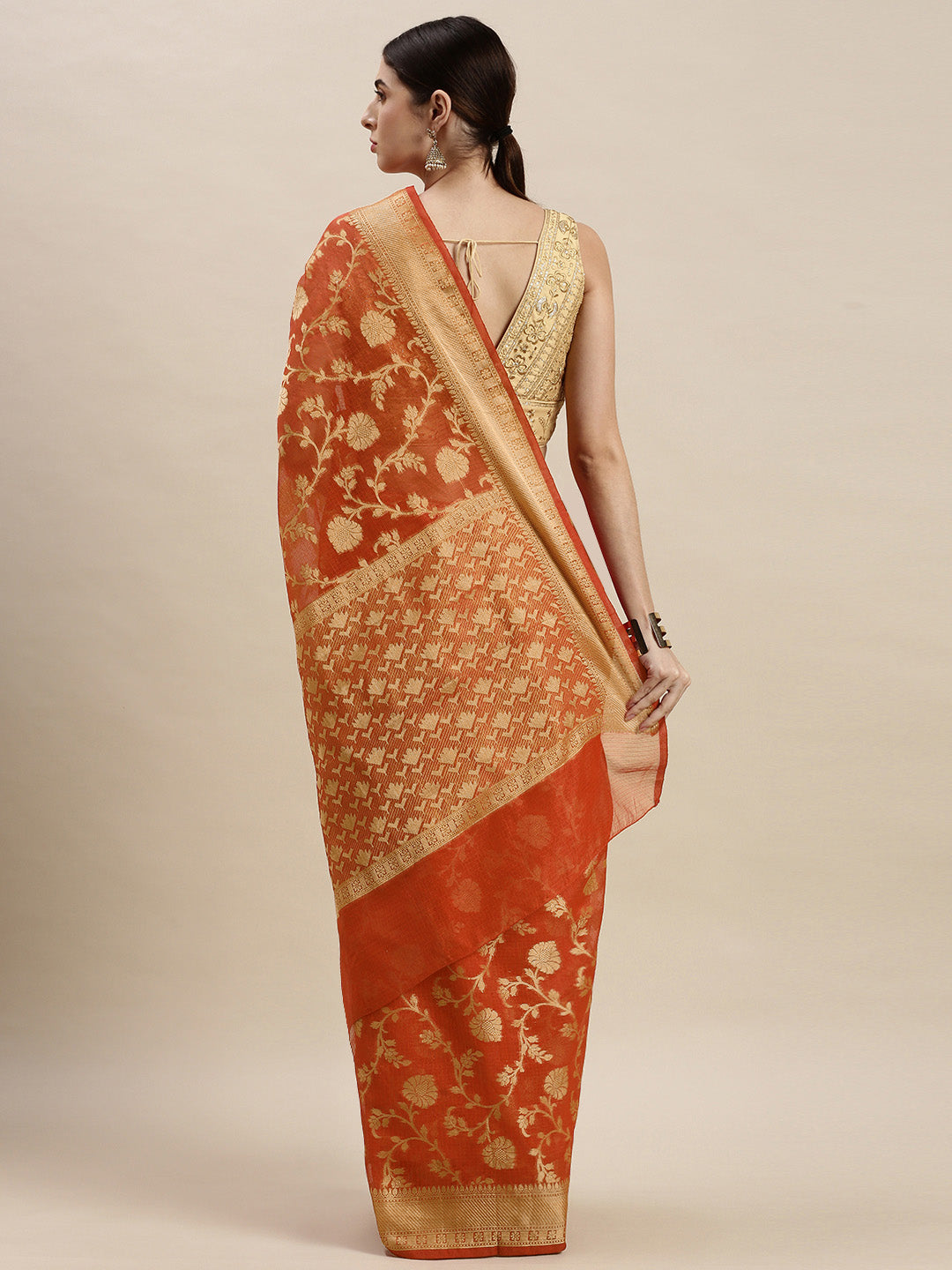 Orange Floral Printed Zari Work Kota Doria Silk Saree