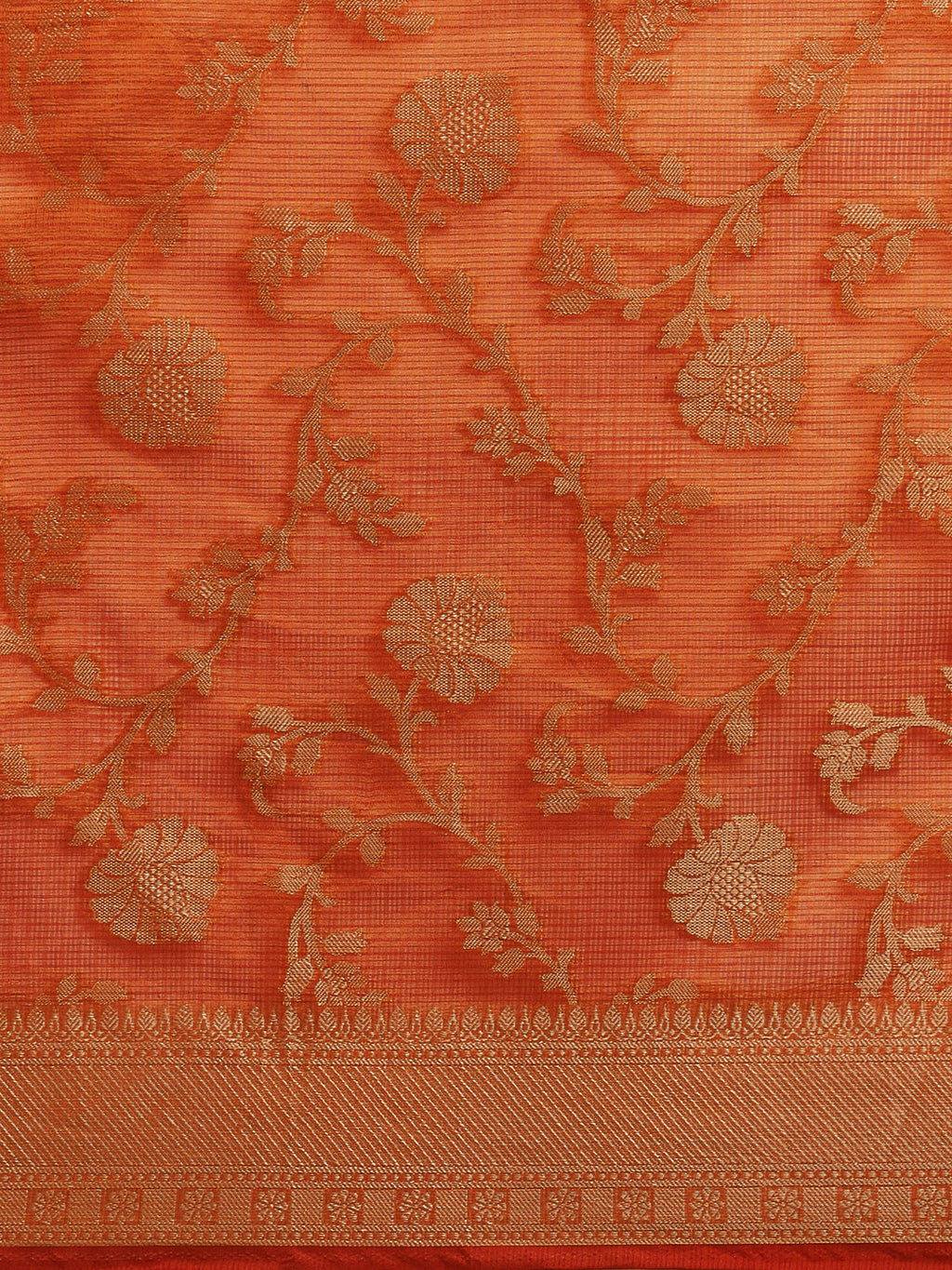 Orange Floral Printed Zari Work Kota Doria Silk Saree