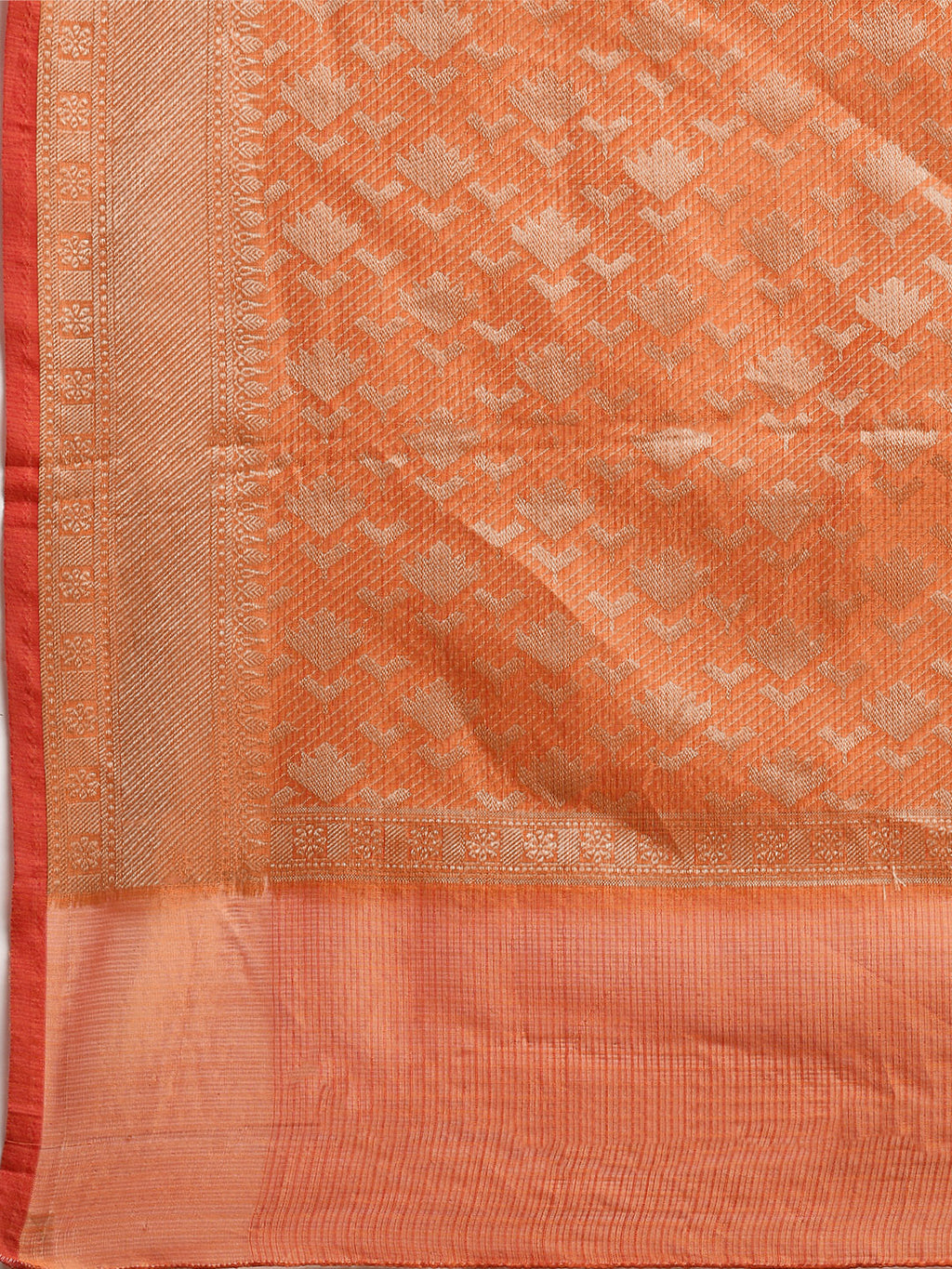 Orange Floral Printed Zari Work Kota Doria Silk Saree