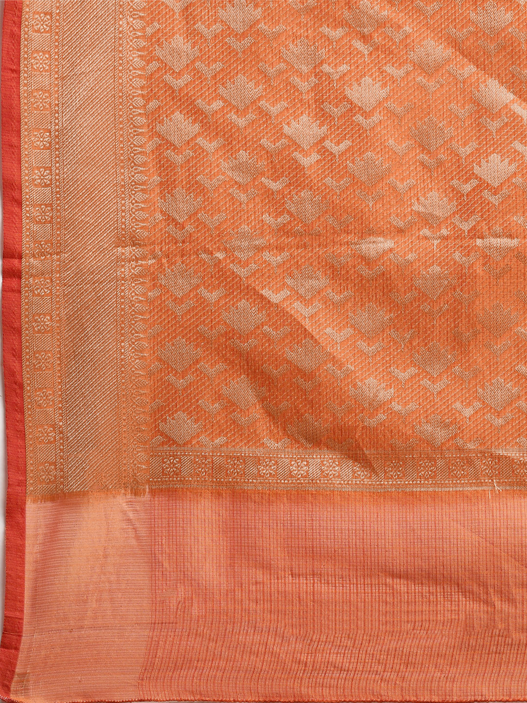 Orange Floral Printed Zari Work Kota Doria Silk Saree