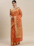 Orange Floral Printed Zari Work Kota Doria Silk Saree
