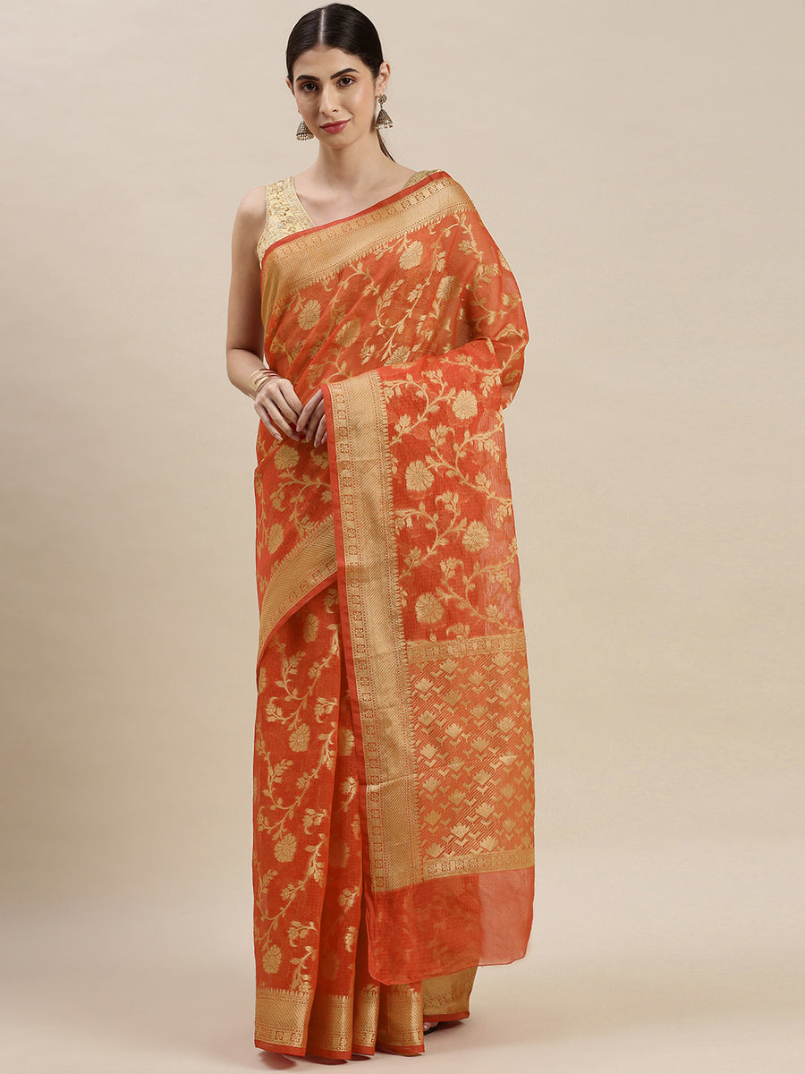 Orange Floral Printed Zari Work Kota Doria Silk Saree