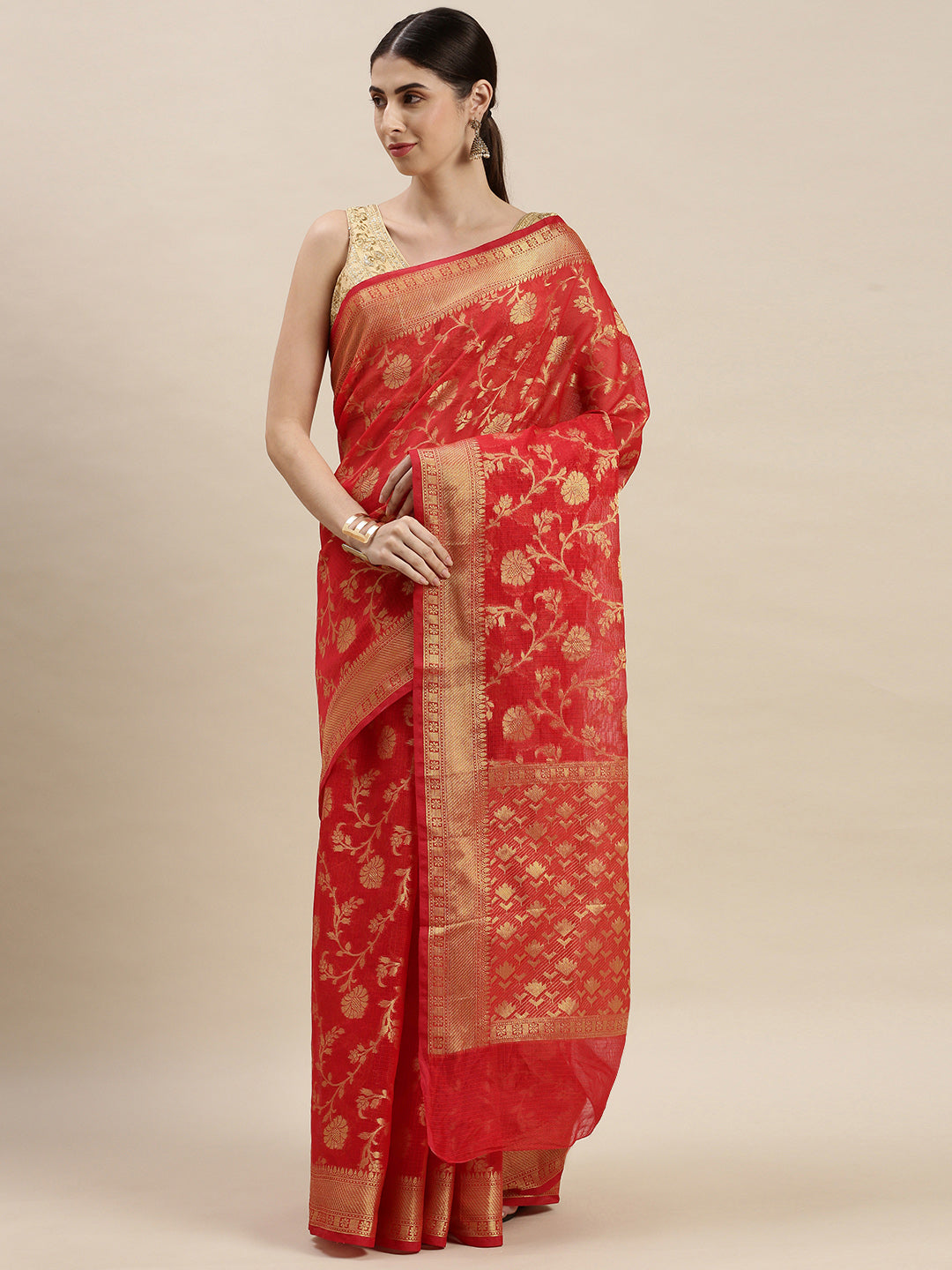 Red Kota Doria Silk Saree With Floral Printed Zari Work