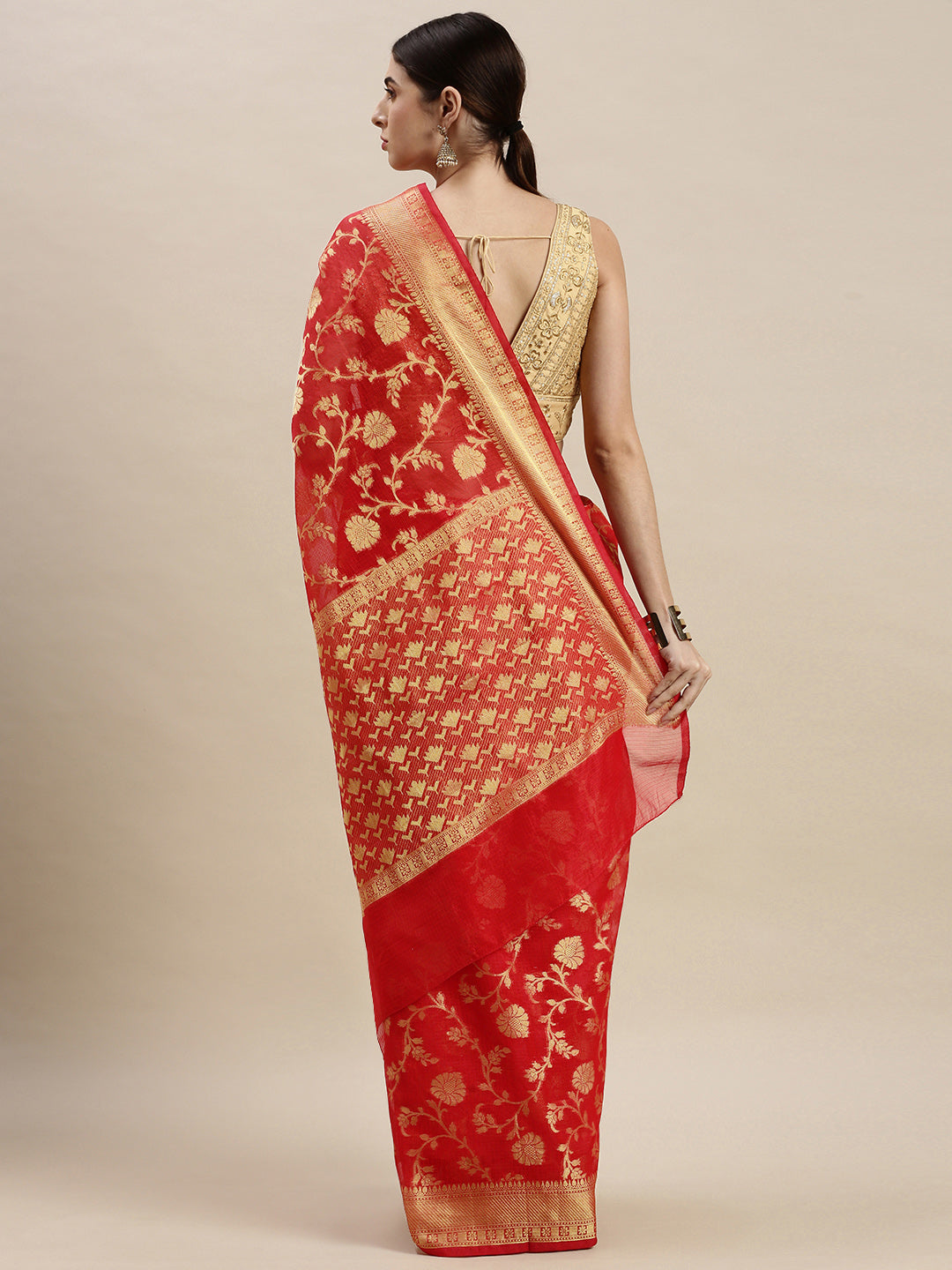 Red Kota Doria Silk Saree With Floral Printed Zari Work