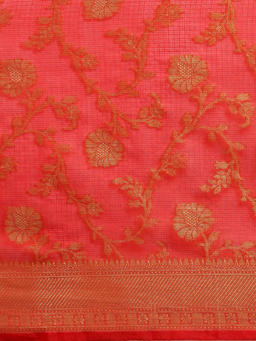 Red Kota Doria Silk Saree With Floral Printed Zari Work