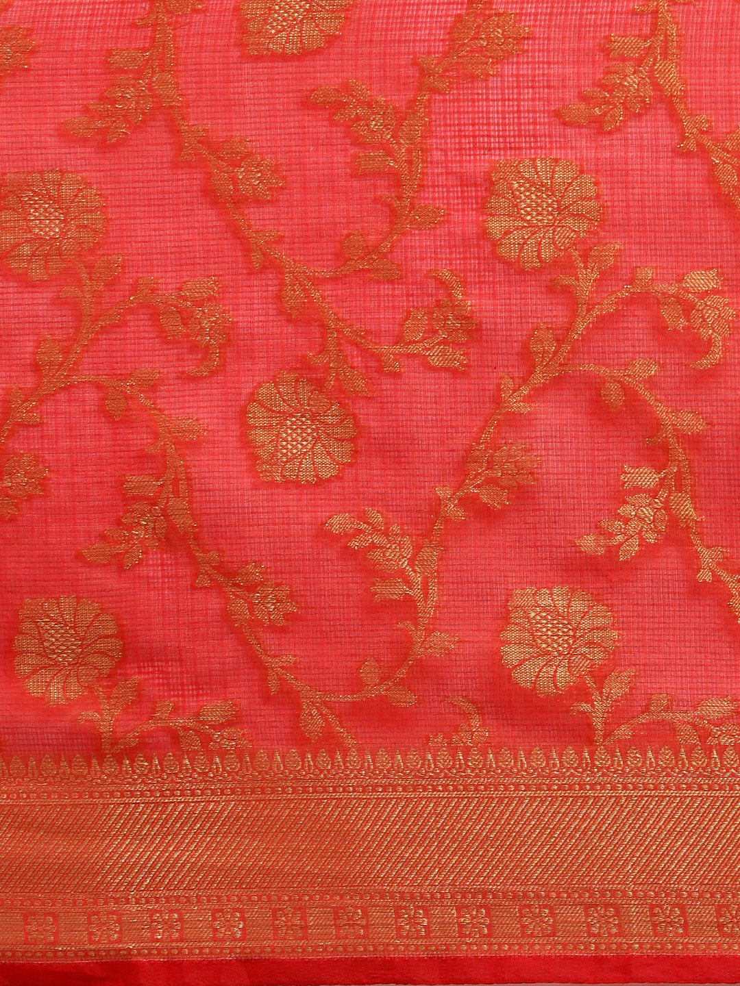 Red Kota Doria Silk Saree With Floral Printed Zari Work