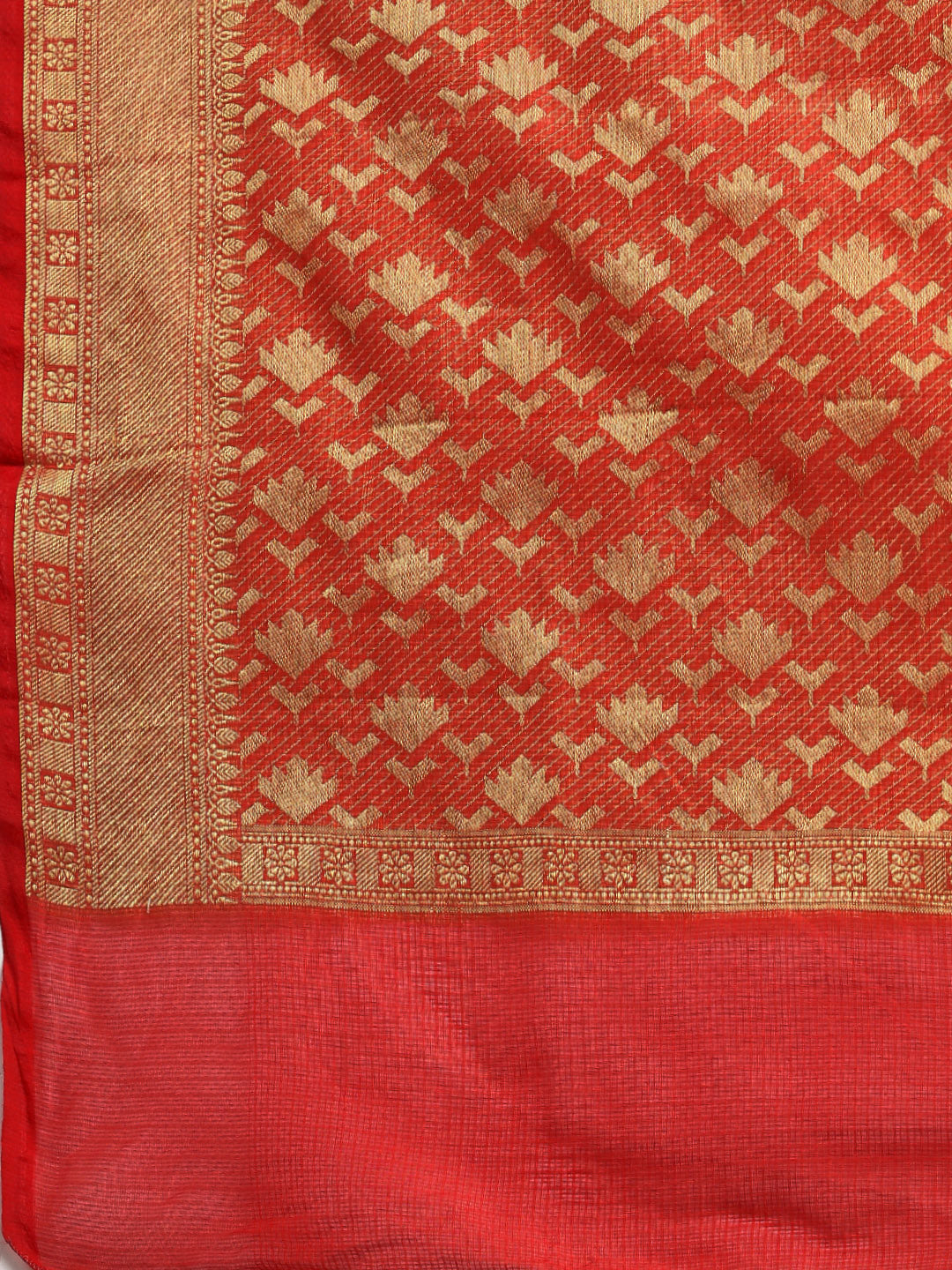 Red Kota Doria Silk Saree With Floral Printed Zari Work