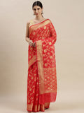 Red Kota Doria Silk Saree With Floral Printed Zari Work