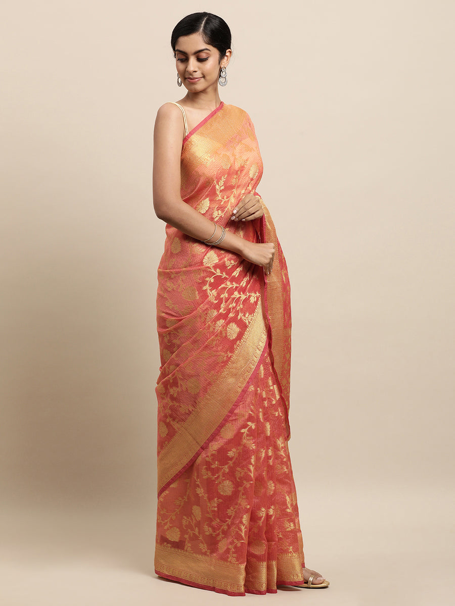 Peach & Gold-toned Pure Kota Silk Saree