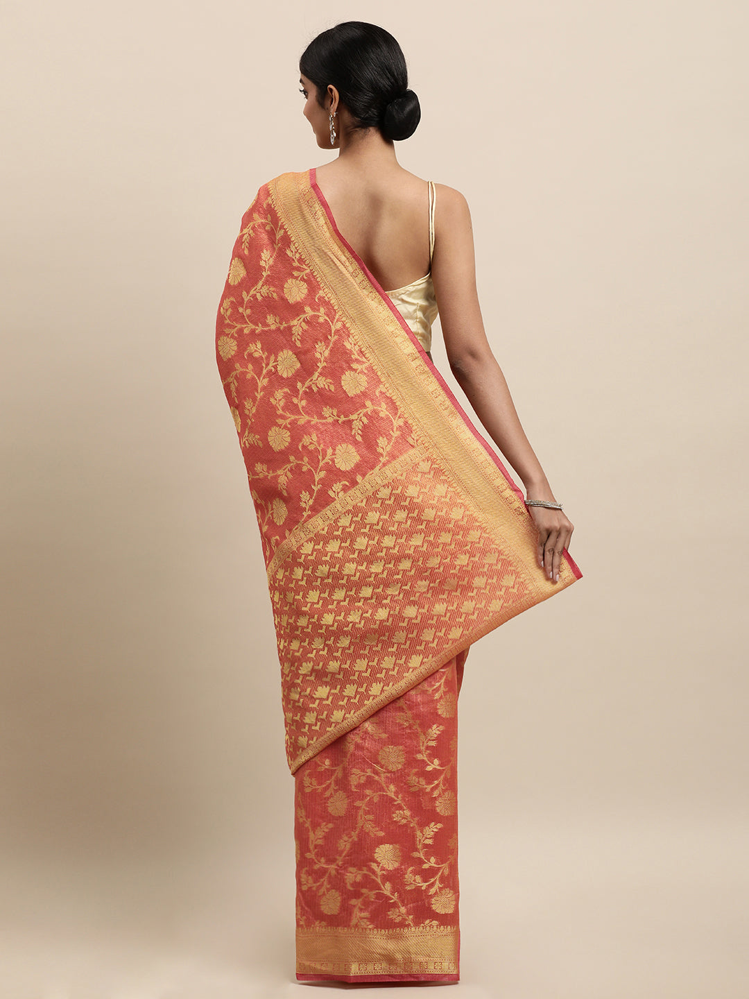 Peach & Gold-toned Pure Kota Silk Saree