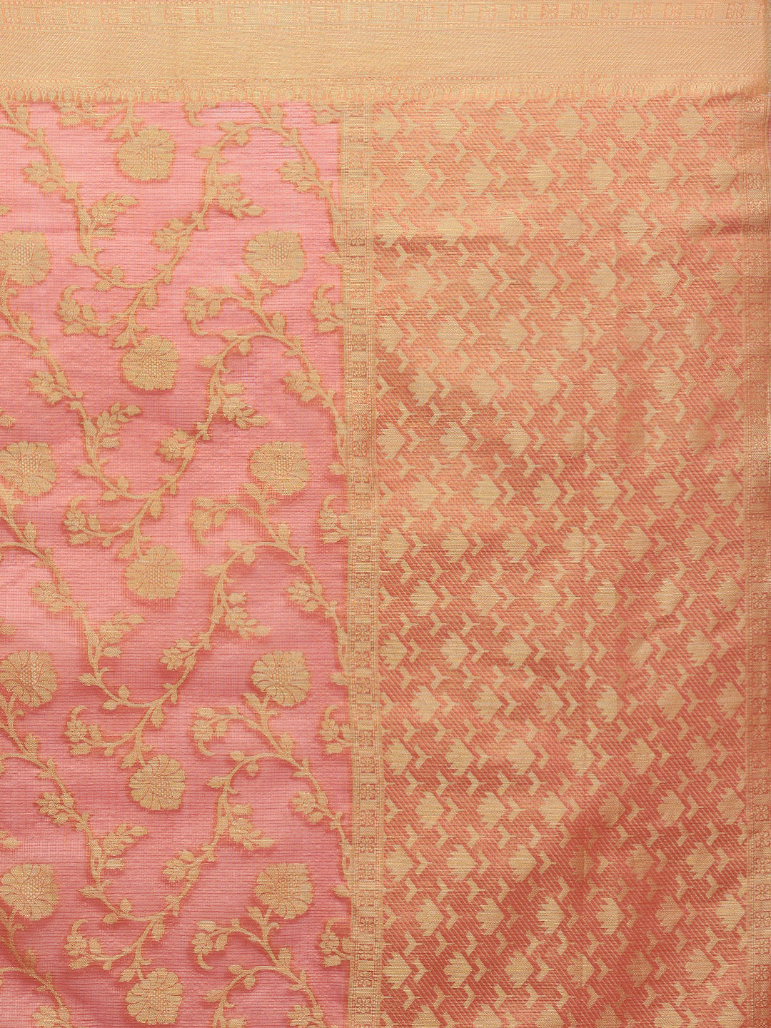 Peach & Gold-toned Pure Kota Silk Saree