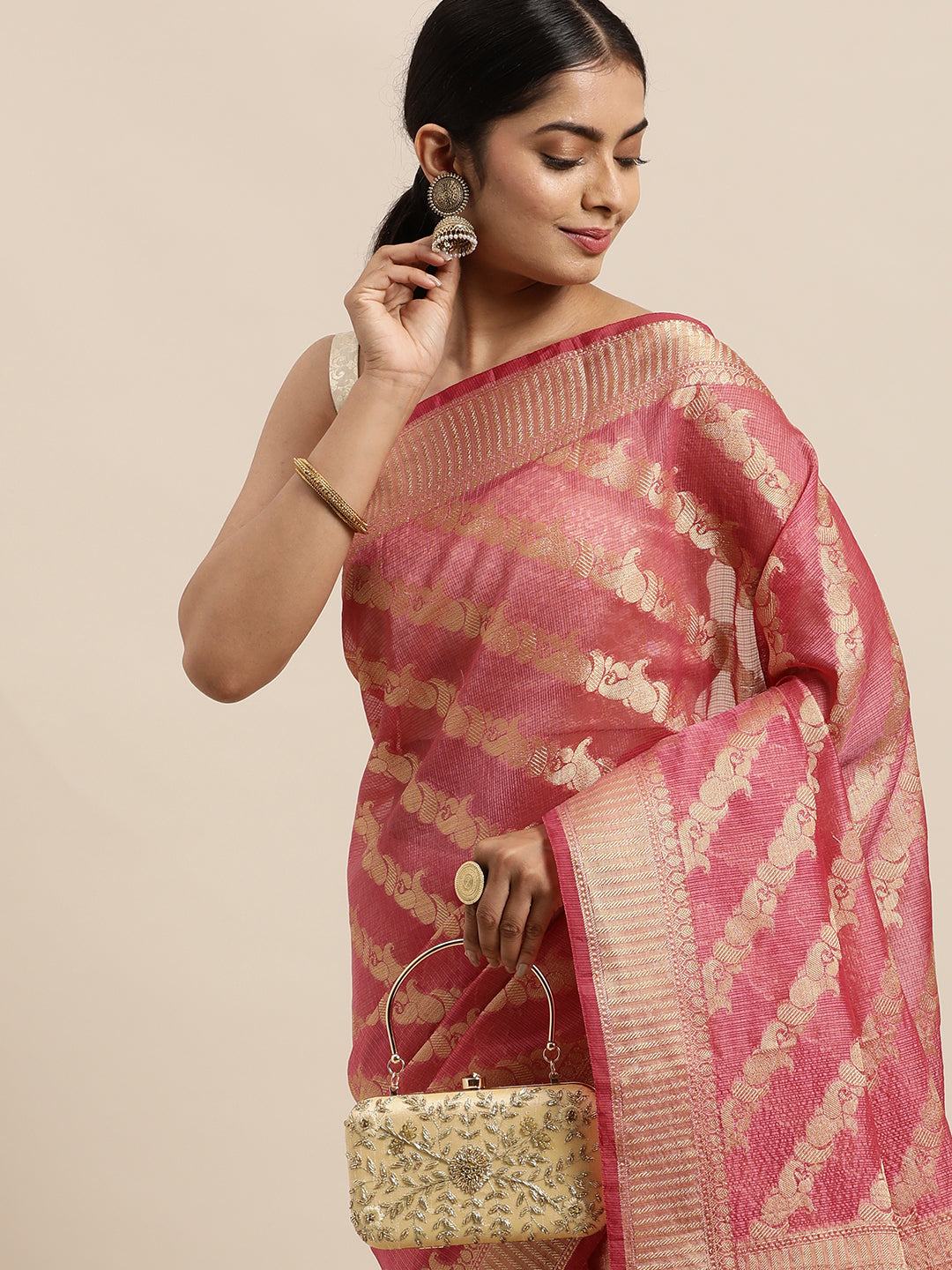 Pink Hand Woven Zari Work Art Kota Silk Saree