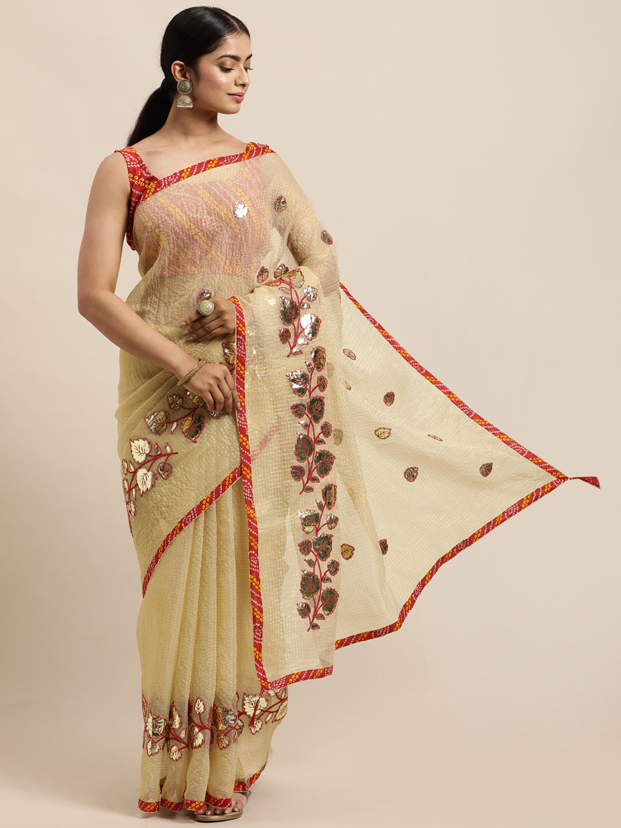 Beige Floral Gota Patti Work Kota Doria Saree