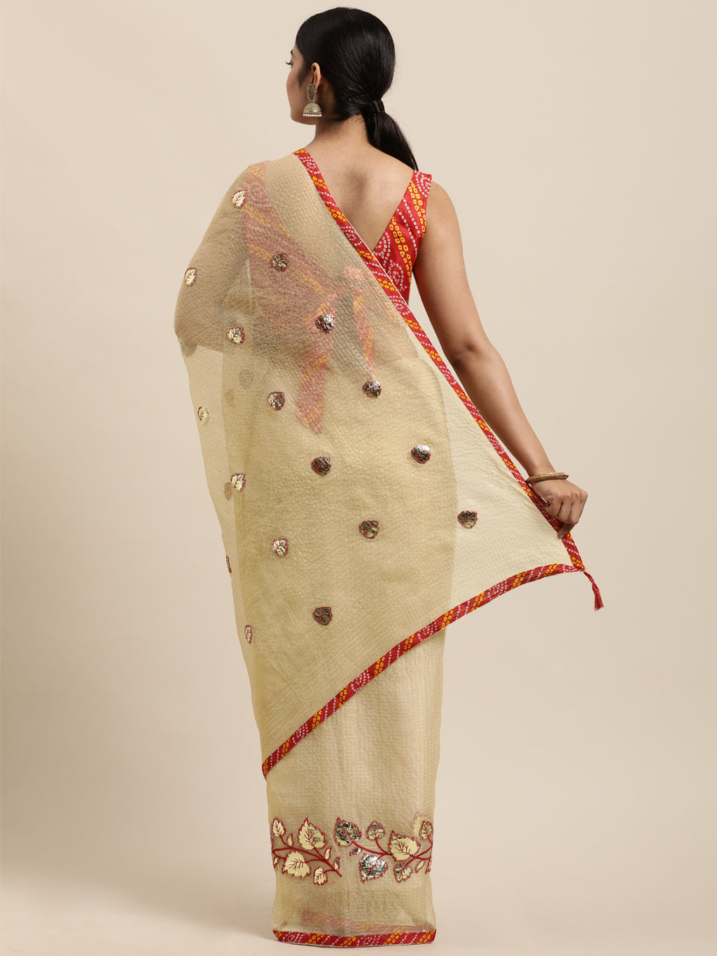 Beige Floral Gota Patti Work Kota Doria Saree