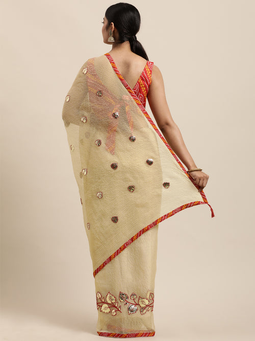 Beige Floral Gota Patti Work Kota Doria Saree
