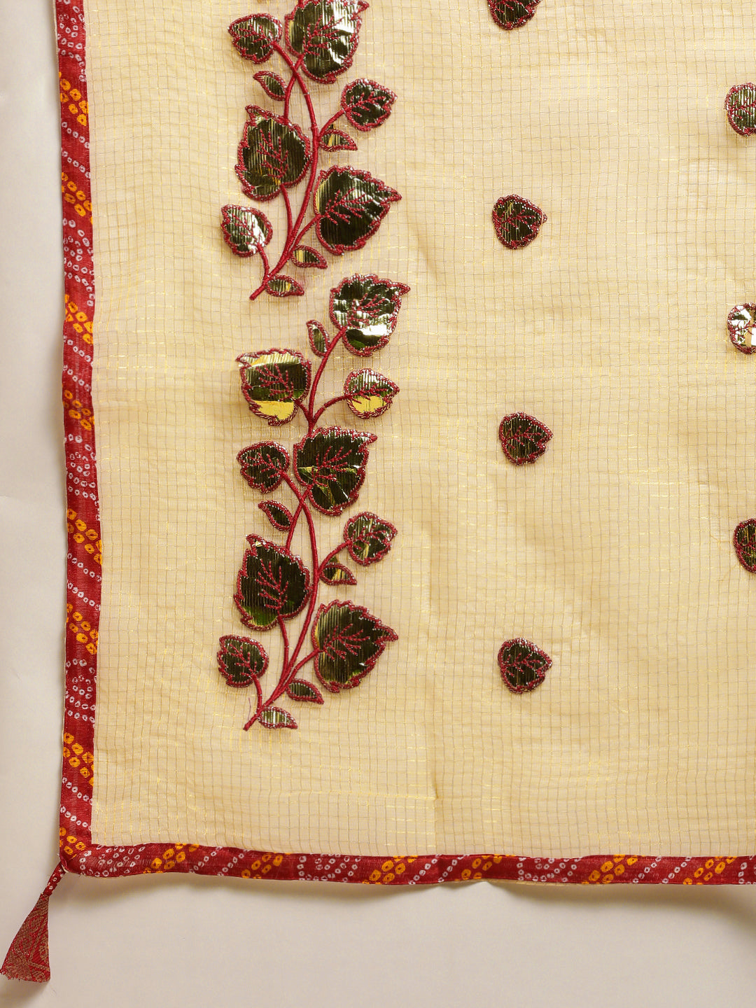 Beige Floral Gota Patti Work Kota Doria Saree