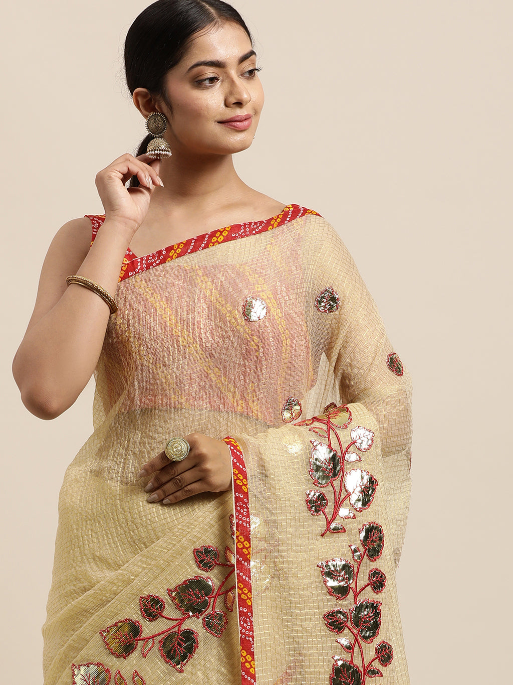 Beige Floral Gota Patti Work Kota Doria Saree