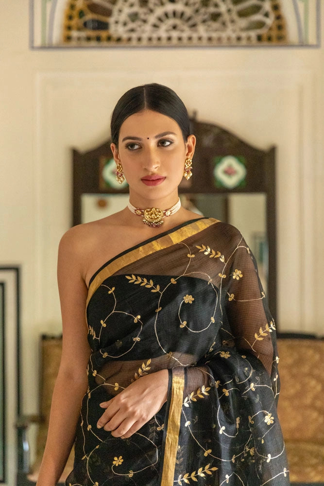 Black Hand Embroidered Gota Patti pure kota silk Saree