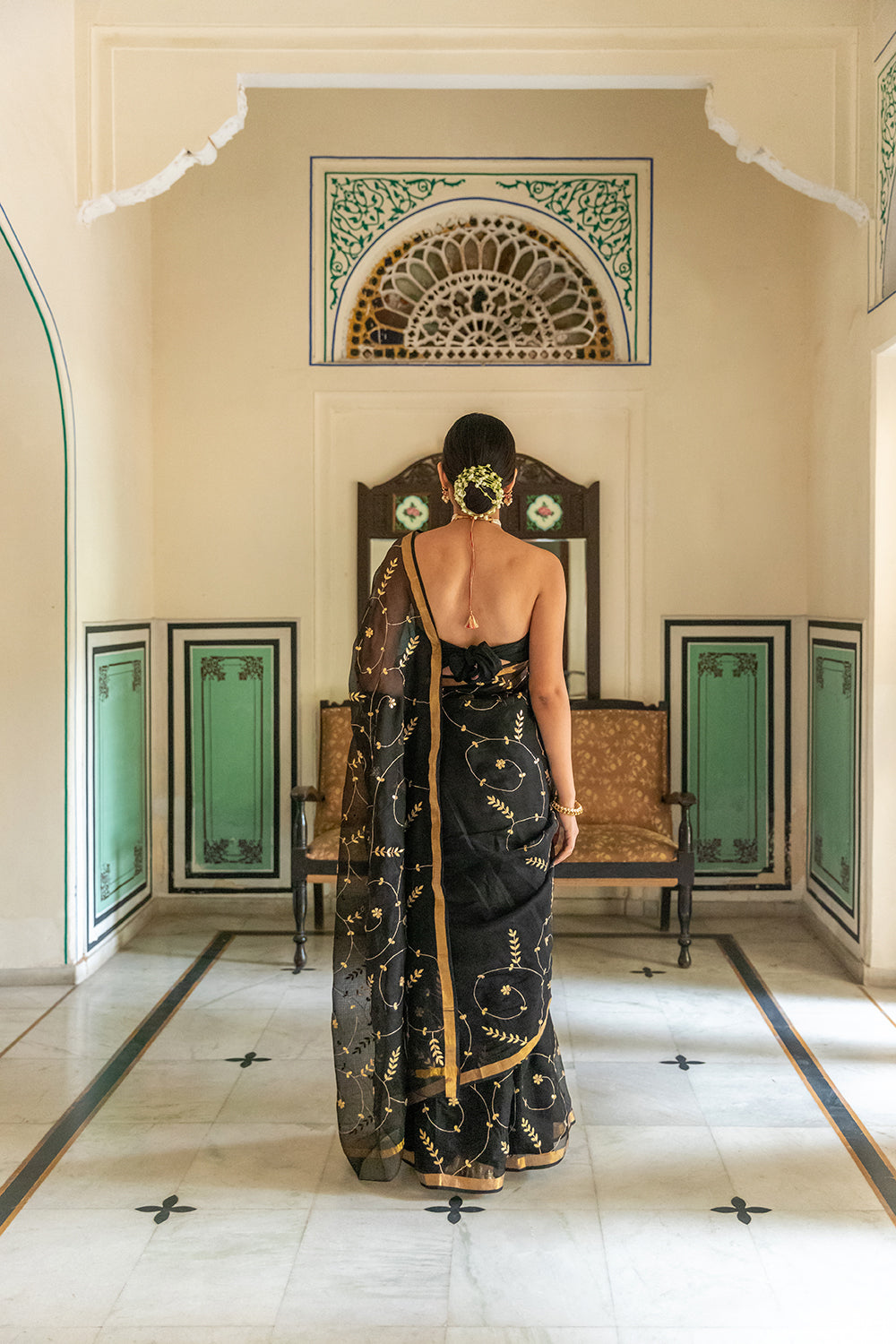 Black Hand Embroidered Gota Patti Pure Kota Silk Saree