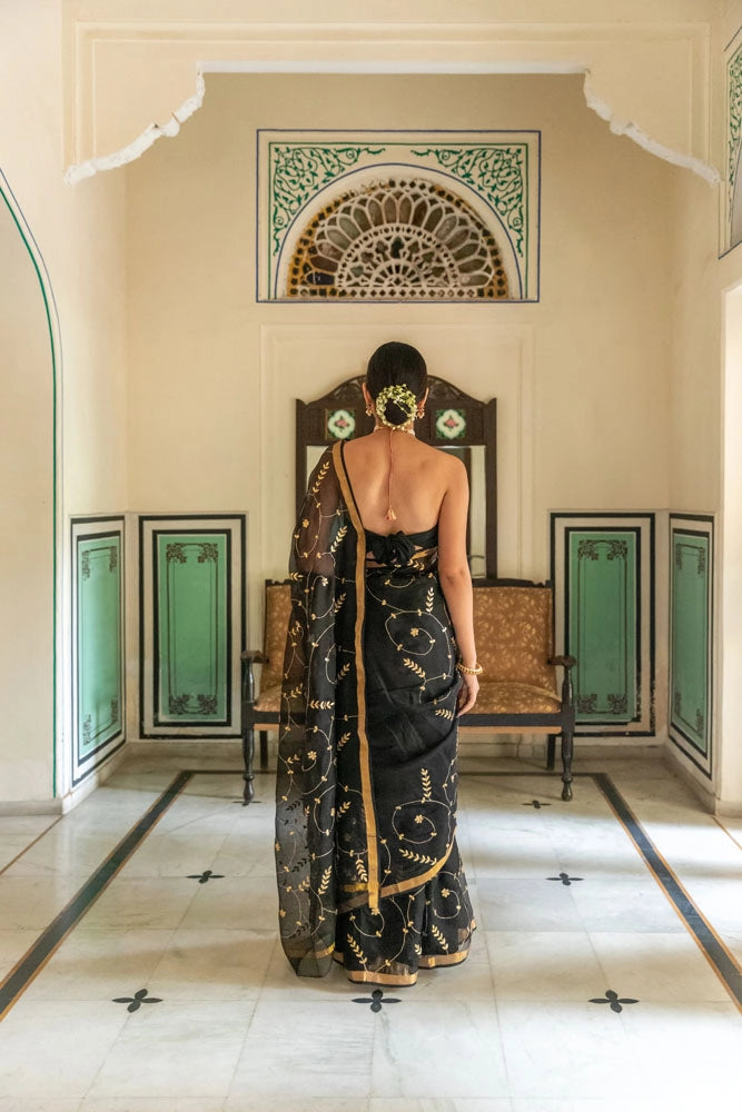Black Hand Embroidered Gota Patti pure kota silk Saree