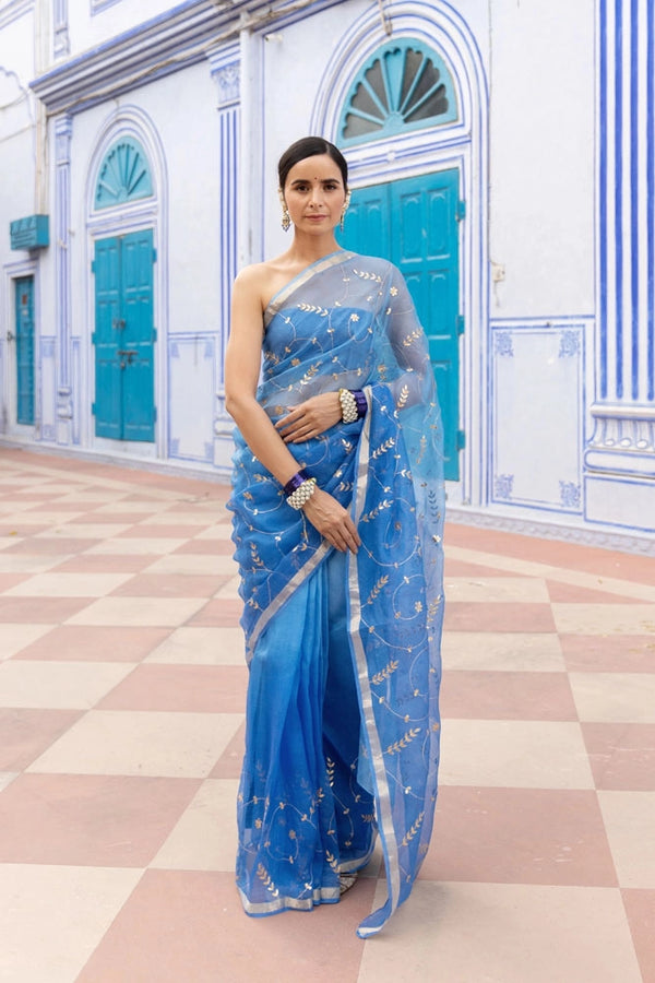 Blue Hand Embroidered Gota Patti pure kota silk Saree