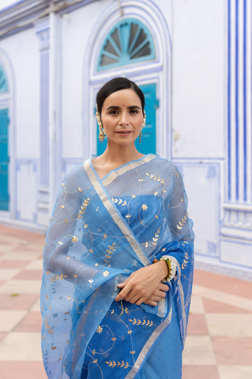 Blue Hand Embroidered Gota Patti Pure Kota Silk Saree