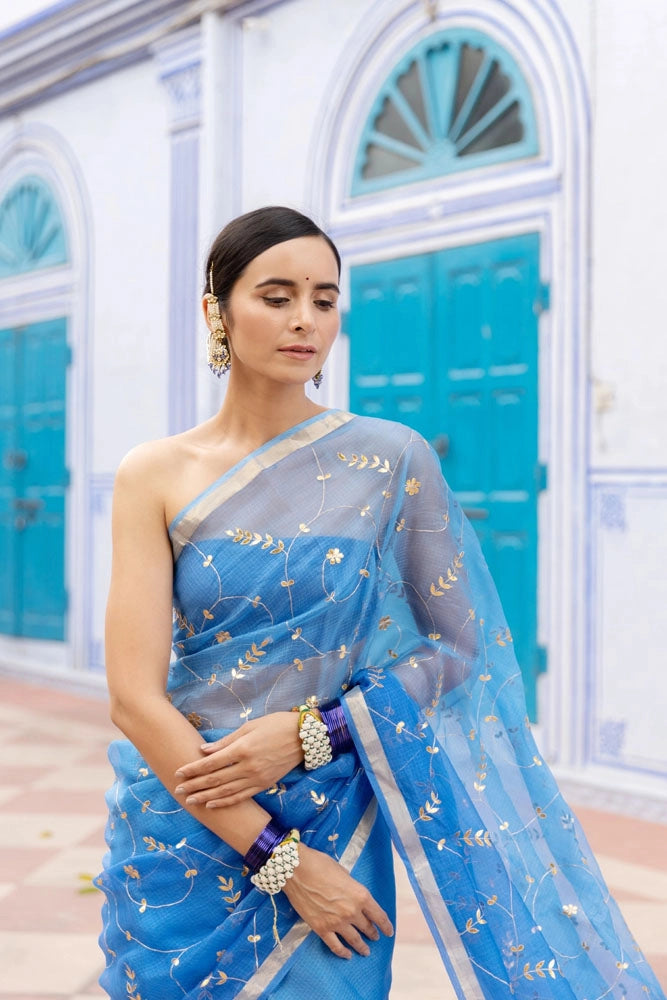 Blue Hand Embroidered Gota Patti pure kota silk Saree
