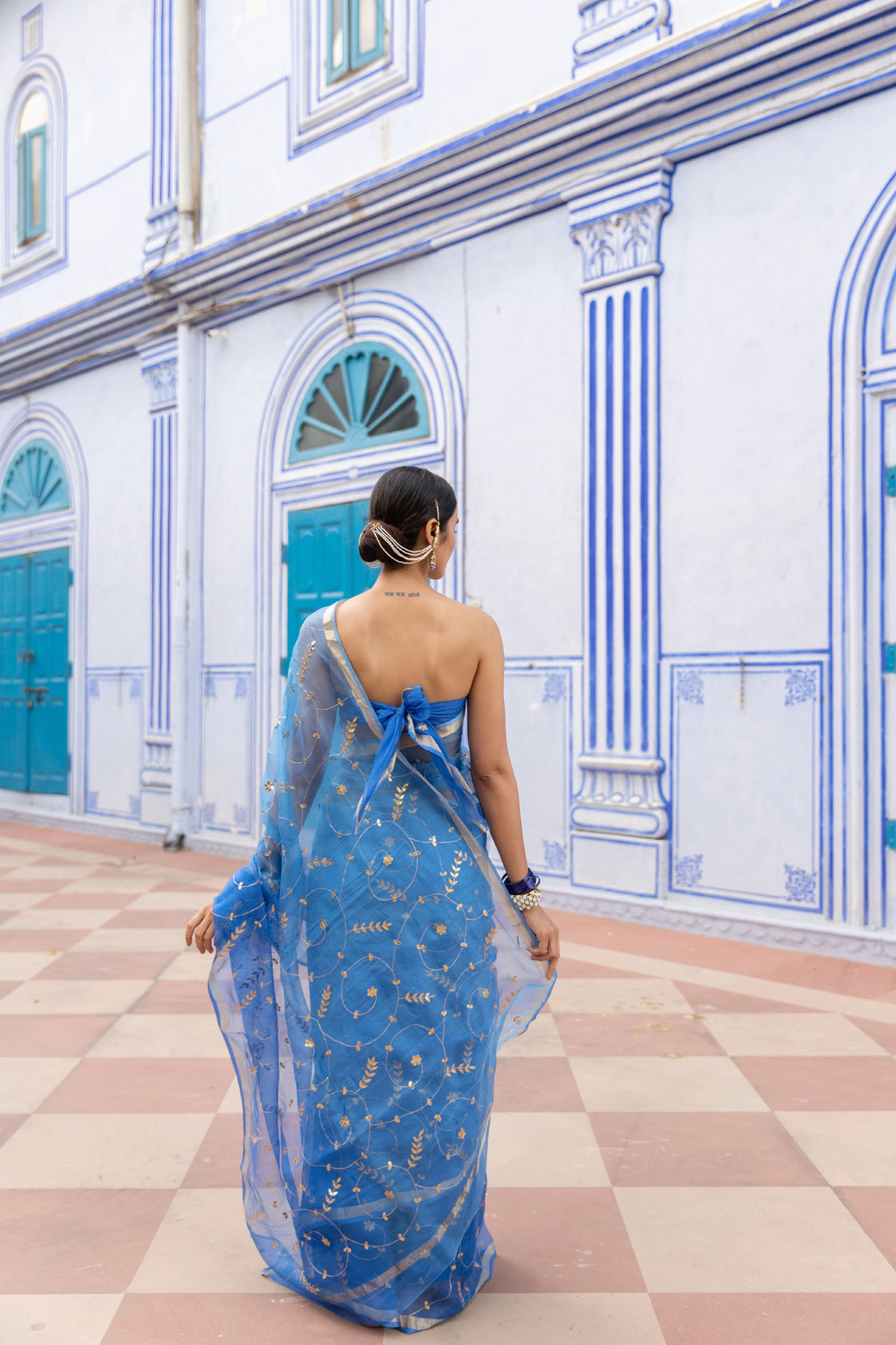 Blue Hand Embroidered Gota Patti Pure Kota Silk Saree