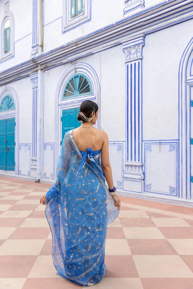 Blue Hand Embroidered Gota Patti pure kota silk Saree