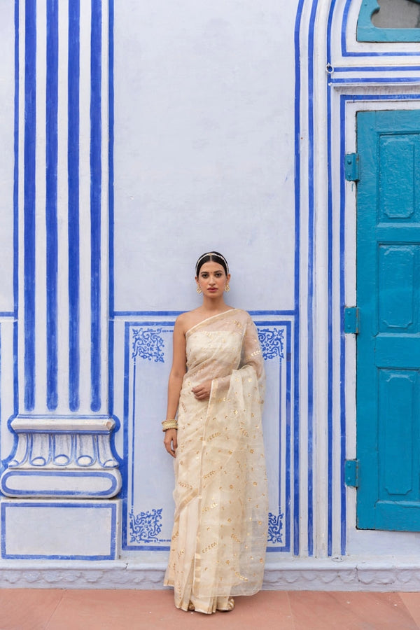 Off White Hand Embroidered Gota Patti pure kota silk Saree