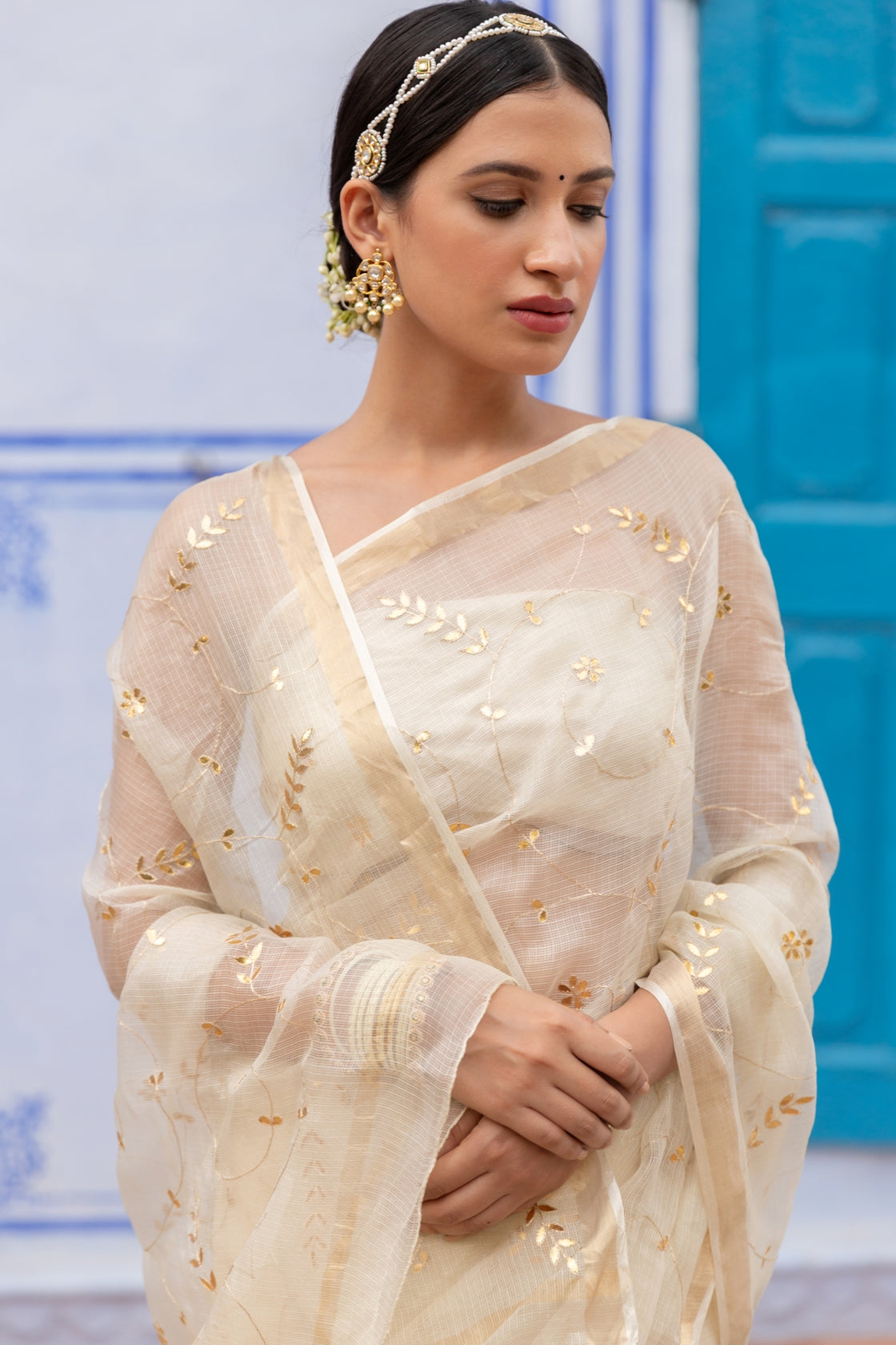 Off White Hand Embroidered Gota Patti Pure Kota Silk Saree