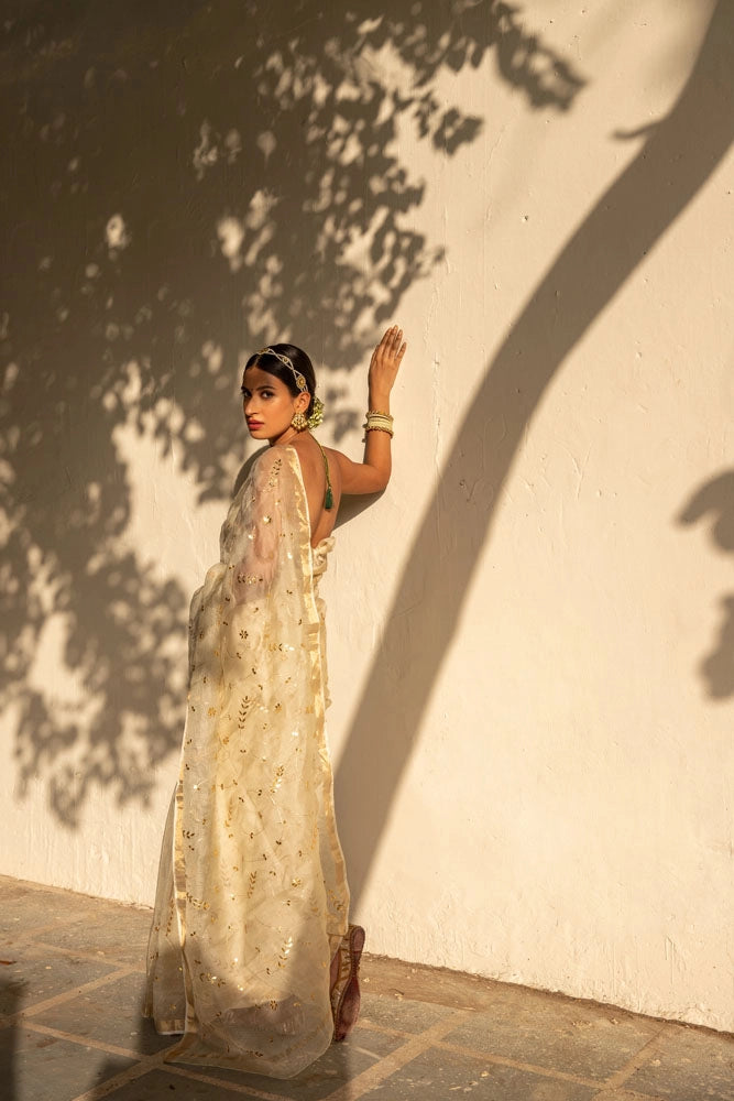 Off White Hand Embroidered Gota Patti pure kota silk Saree