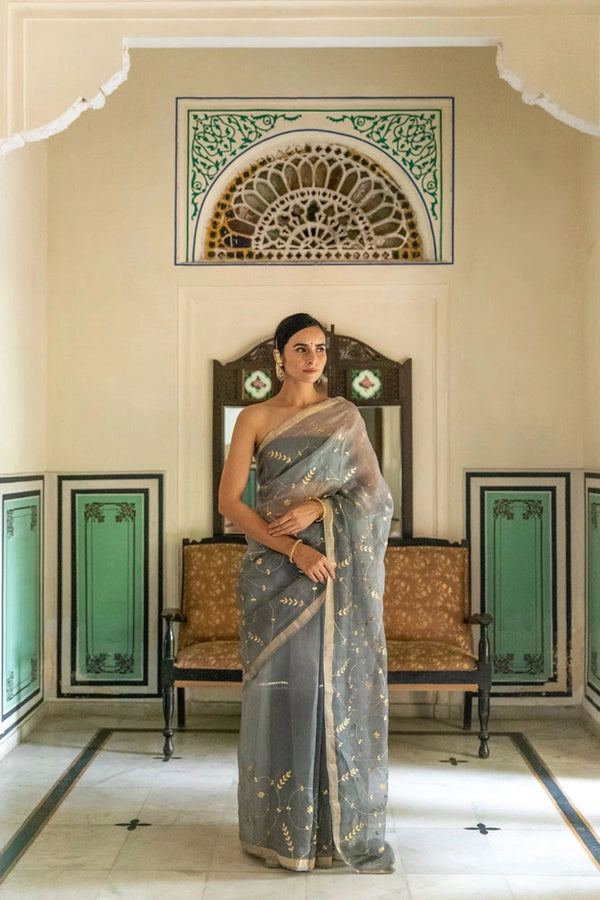 Grey Hand Embroidered Gota Patti pure kota silk Saree