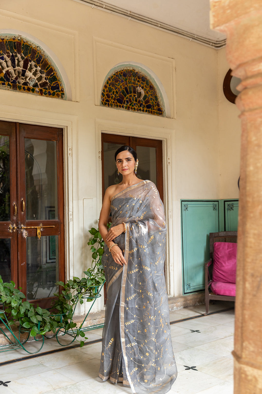 Grey Hand Embroidered Gota Patti Pure Kota Silk Saree