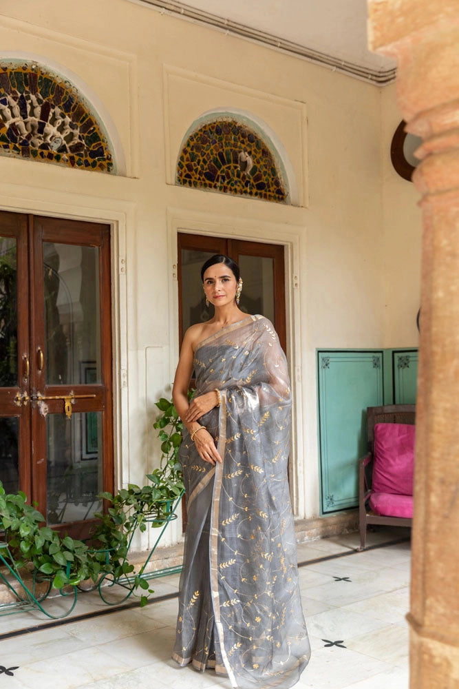Grey Hand Embroidered Gota Patti pure kota silk Saree