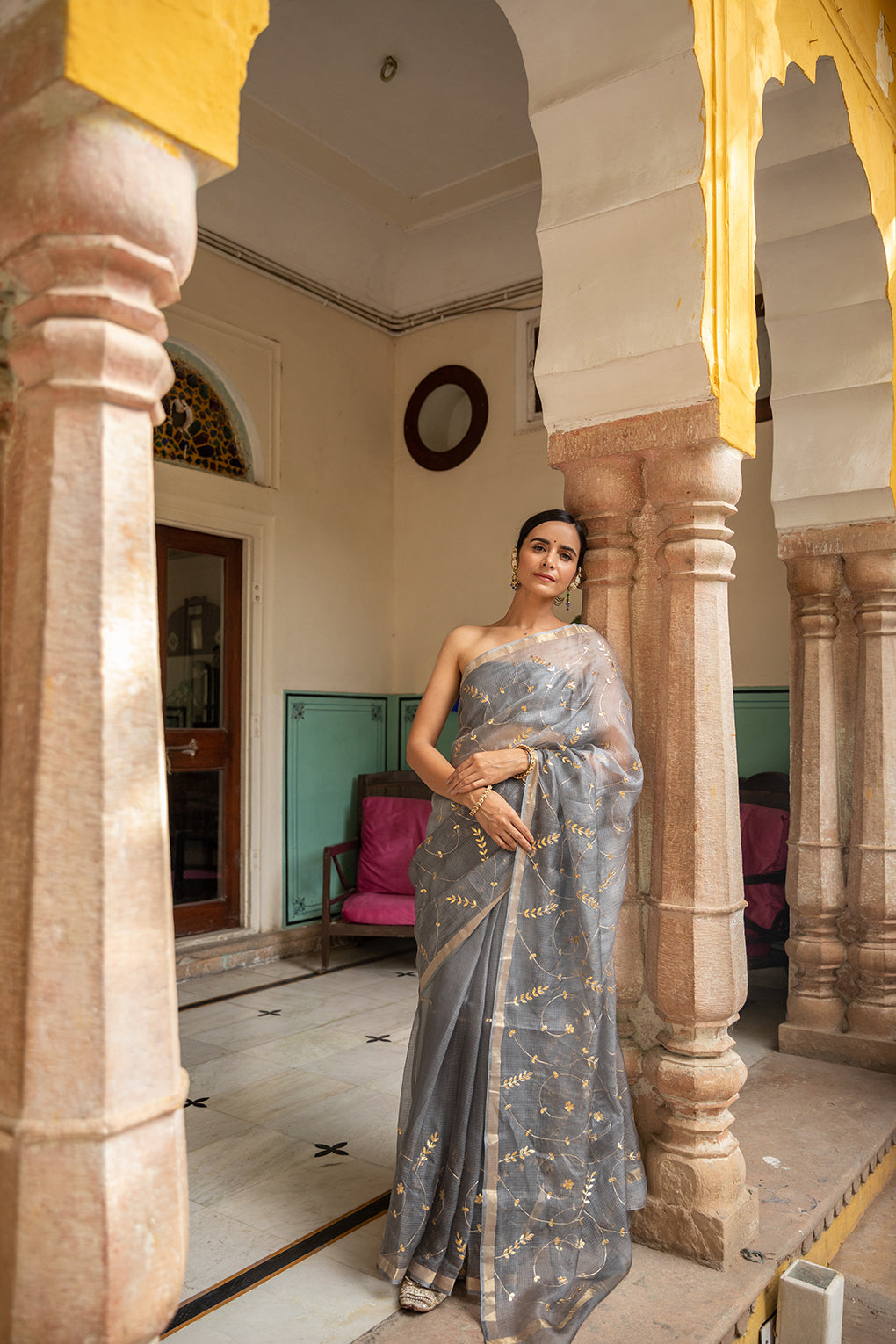 Grey Hand Embroidered Gota Patti Pure Kota Silk Saree