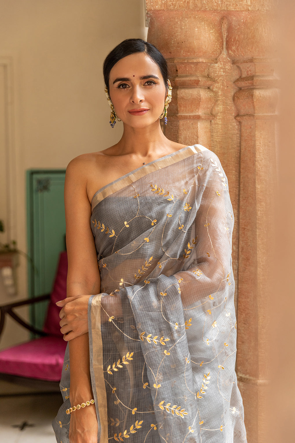 Grey Hand Embroidered Gota Patti Pure Kota Silk Saree