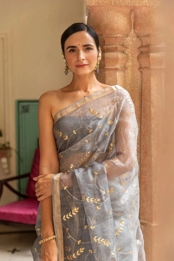 Grey Hand Embroidered Gota Patti pure kota silk Saree
