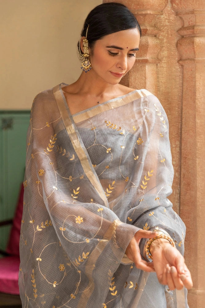 Grey Hand Embroidered Gota Patti pure kota silk Saree
