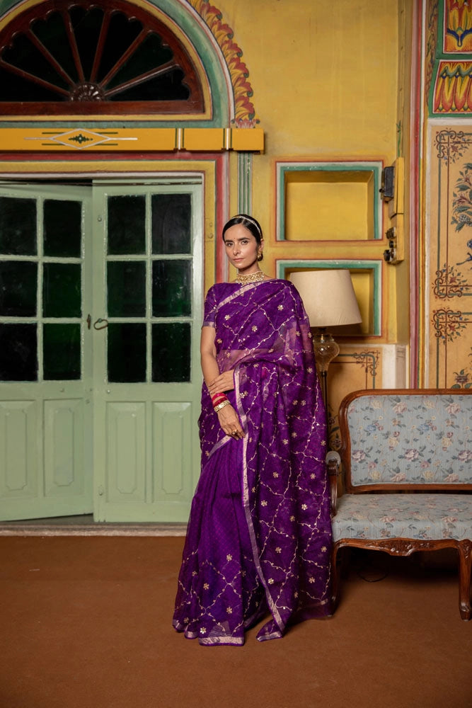 Purple Hand Embroidered Gota Patti pure kota silk Saree