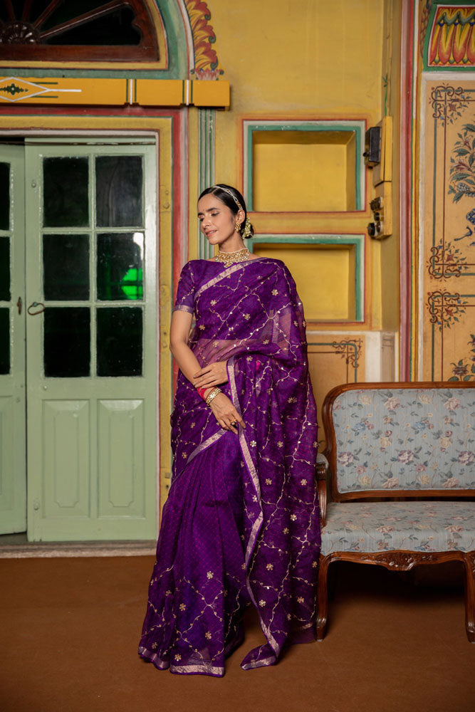 Purple Hand Embroidered Gota Patti pure kota silk Saree