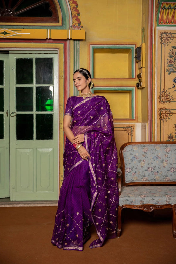 Purple Hand Embroidered Gota Patti pure kota silk Saree