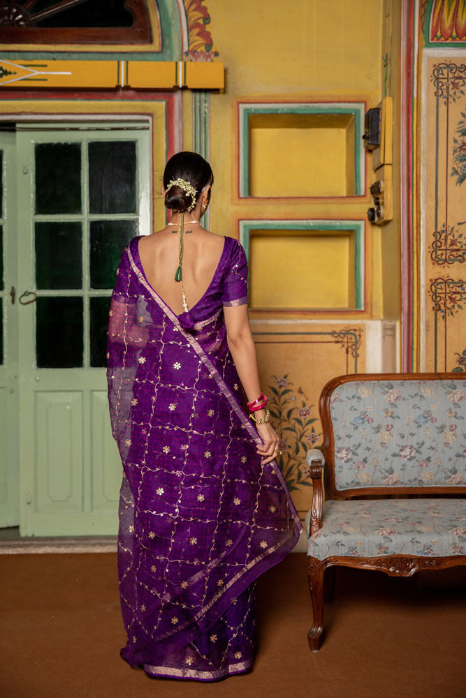 Purple Hand Embroidered Gota Patti pure kota silk Saree