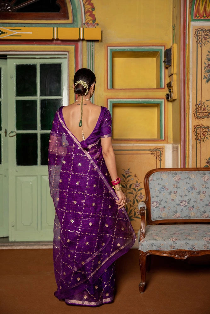 Purple Hand Embroidered Gota Patti pure kota silk Saree