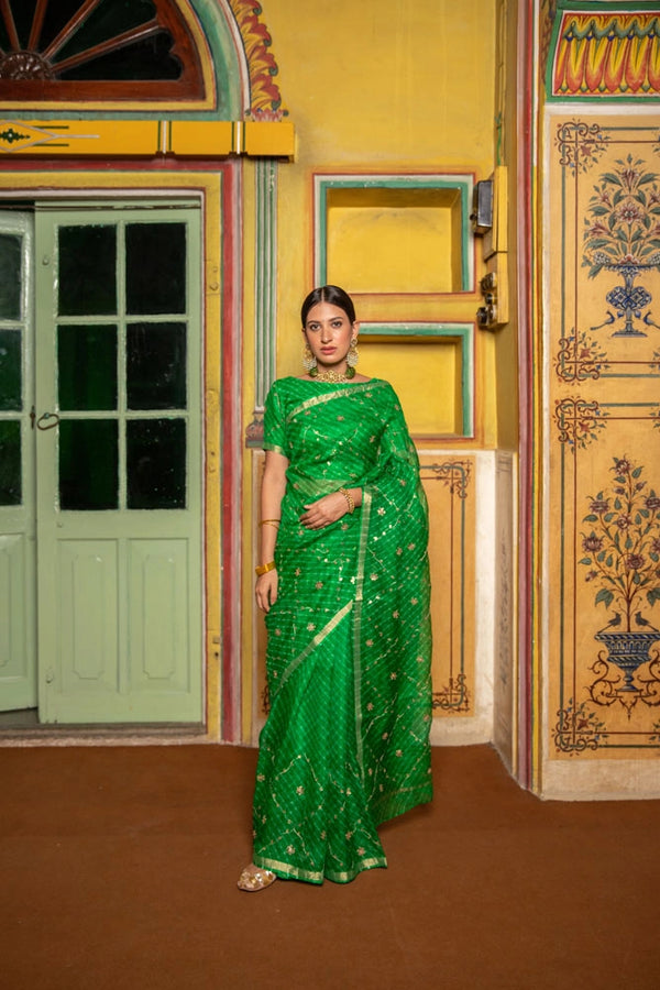Green Hand Embroidered Gota Patti pure kota silk Saree