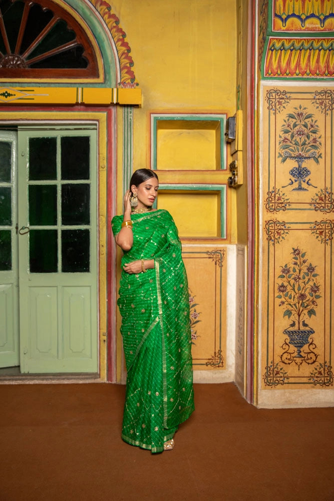 Green Hand Embroidered Gota Patti pure kota silk Saree