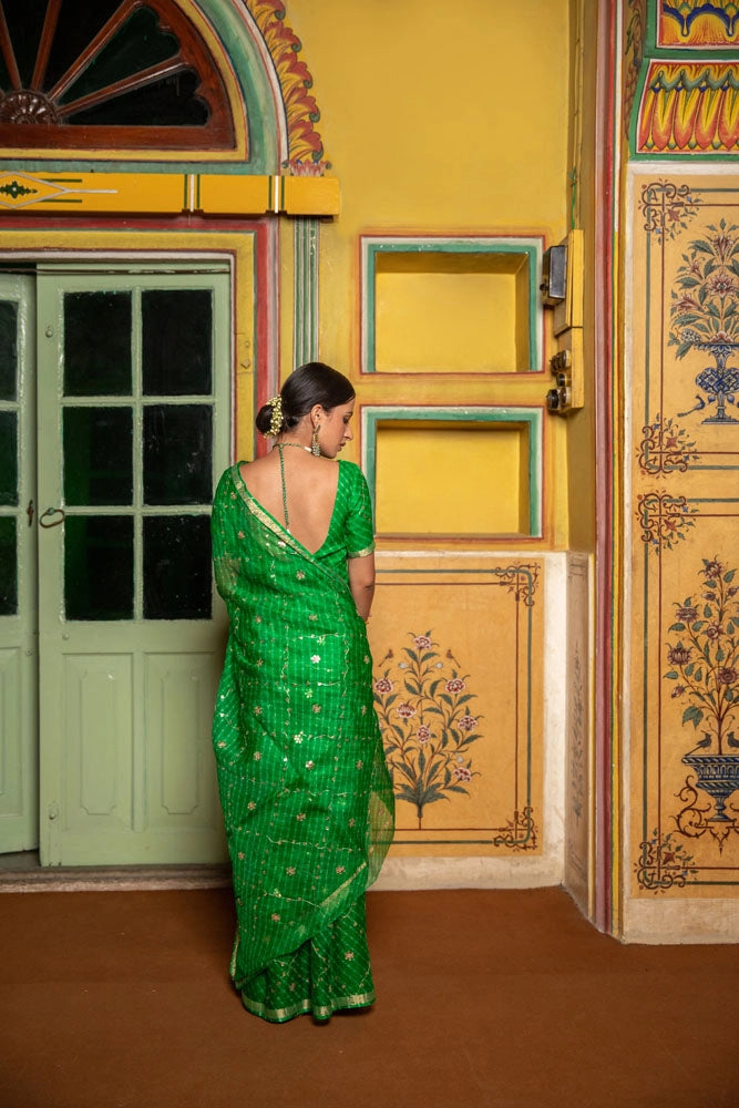 Green Hand Embroidered Gota Patti pure kota silk Saree