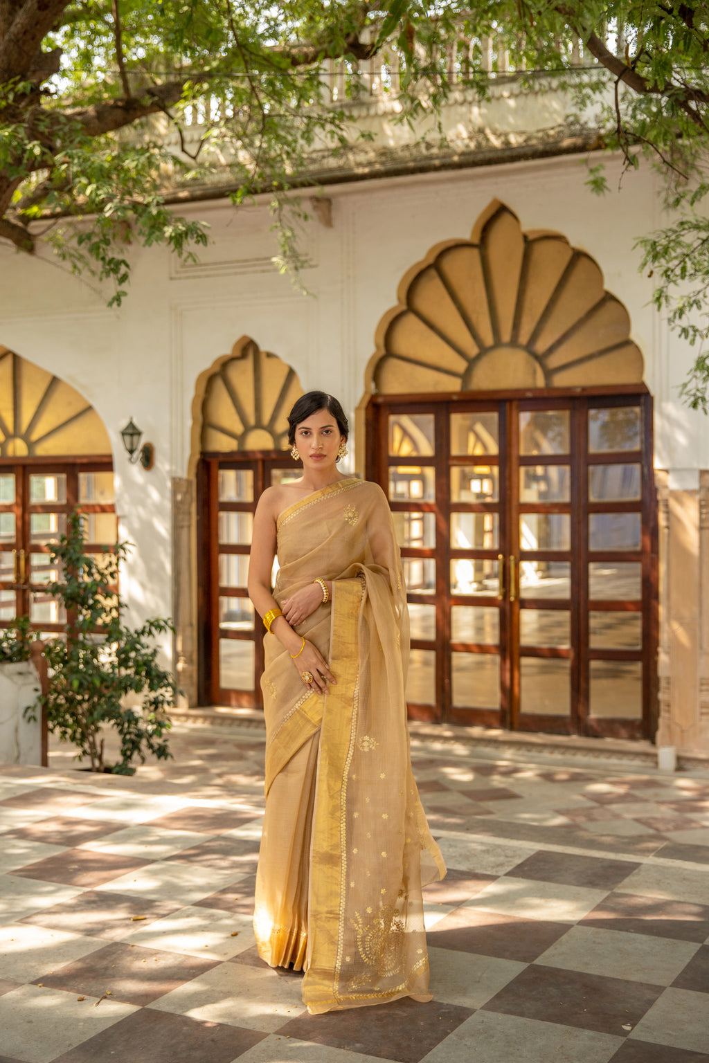 Beige Handcrafted Pure Kota Silk Saree
