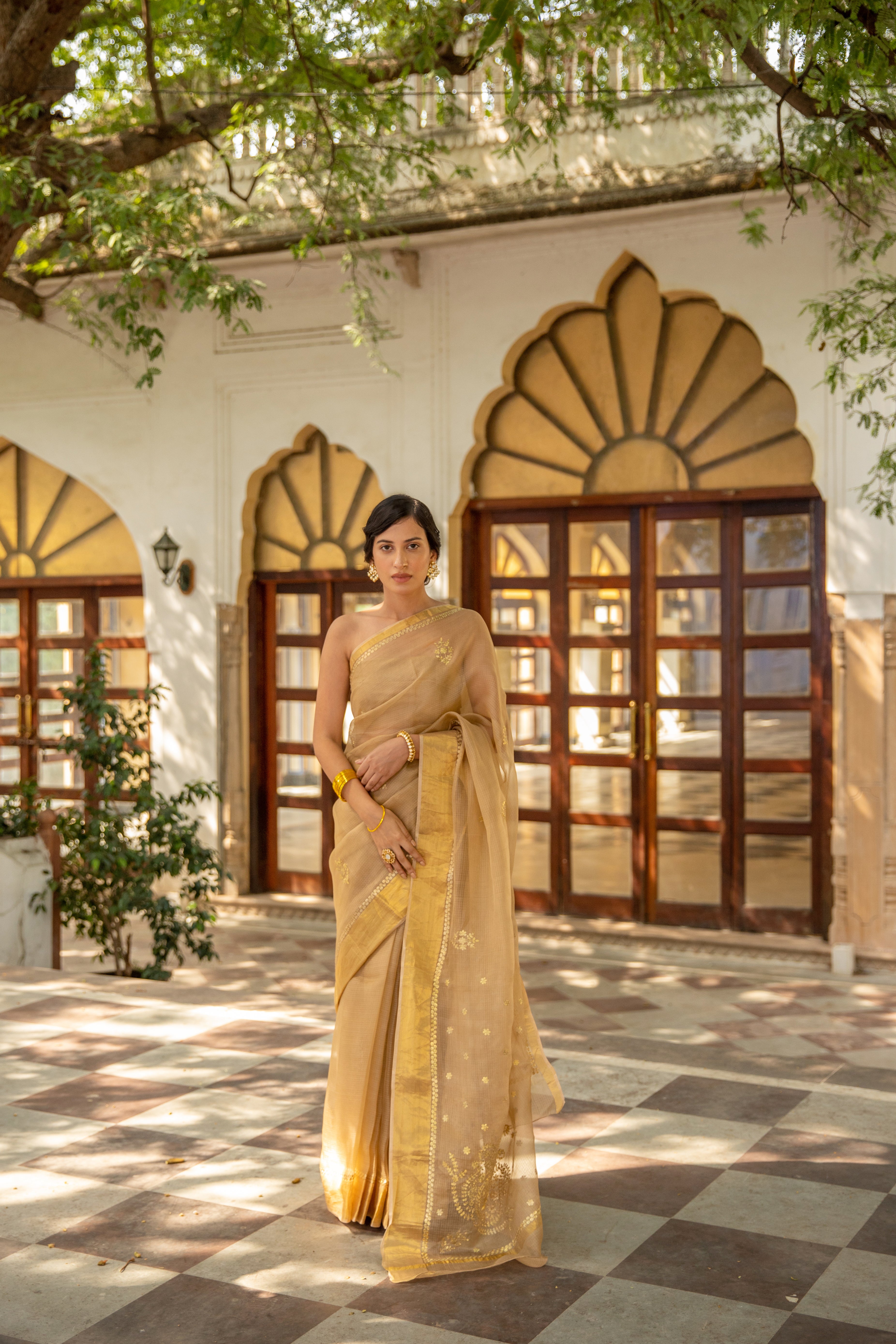 Beige Handcrafted Pure Kota Silk Saree