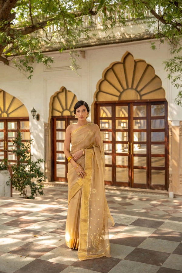 Beige Handcrafted Pure Kota Silk Saree